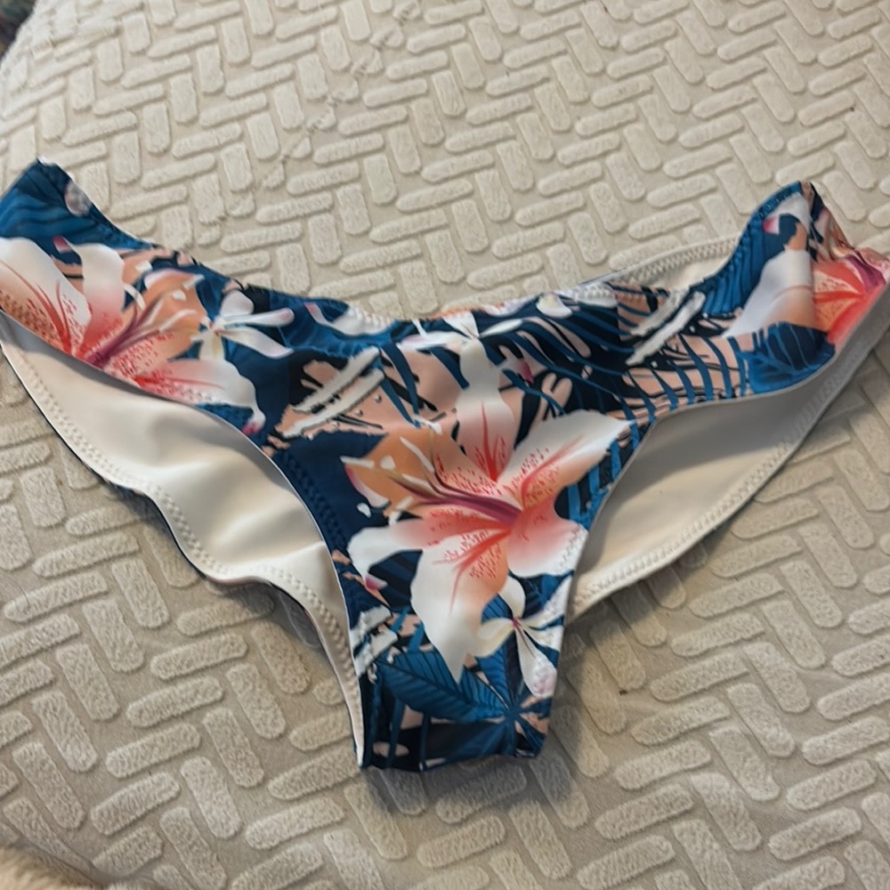 Floral Bikini Bottom - Blue and Pink medium hipster ruched
